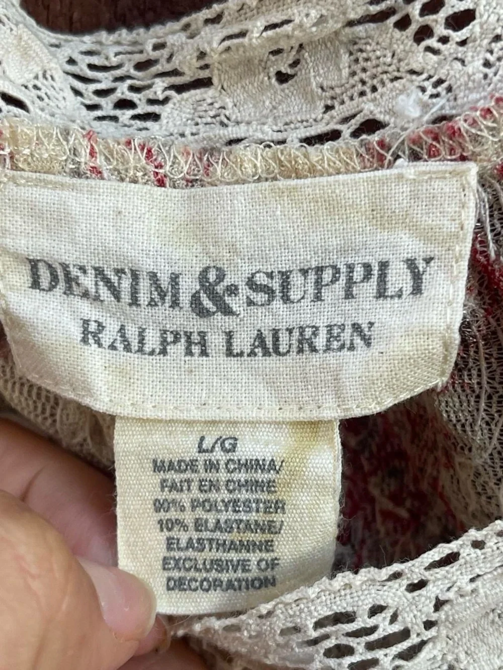 Denim & Supply Ralph Lauren Cream Sheer Lace Floral Boho Cottage Blouse Sz Lg